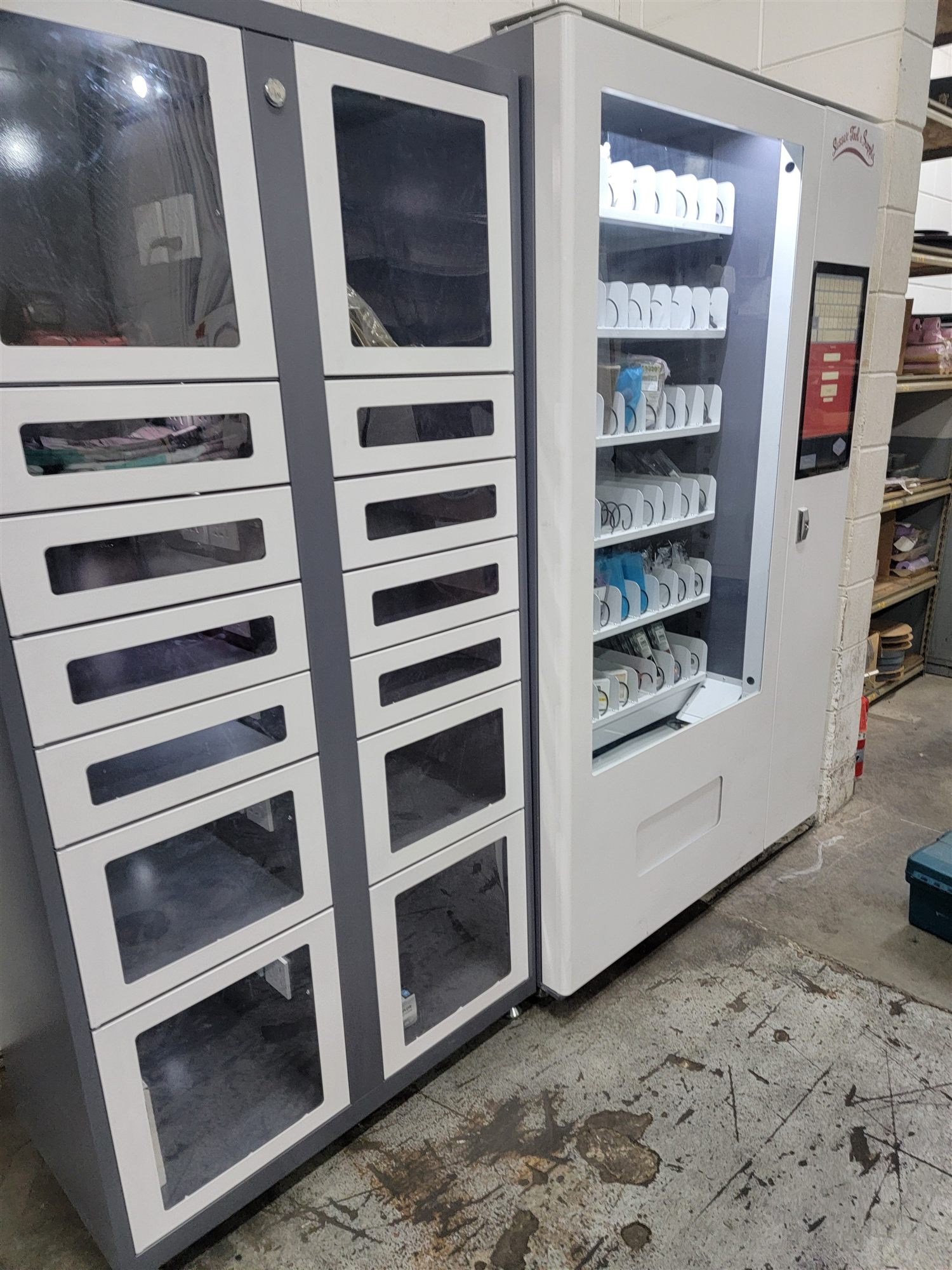 Auto-dispense carousel cabinet with locker drawers and touchscreen