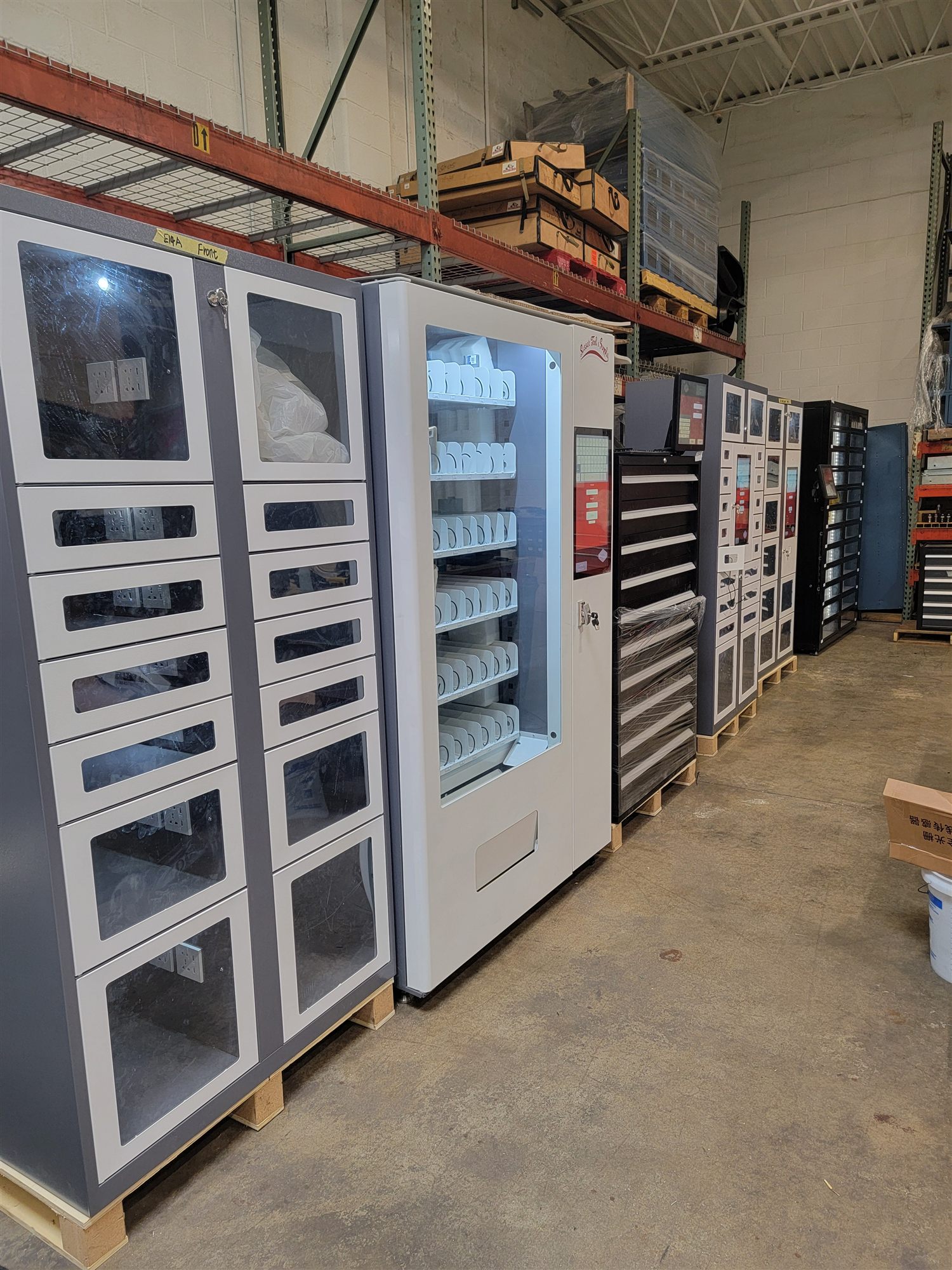A lineup of vending and locker machine styles