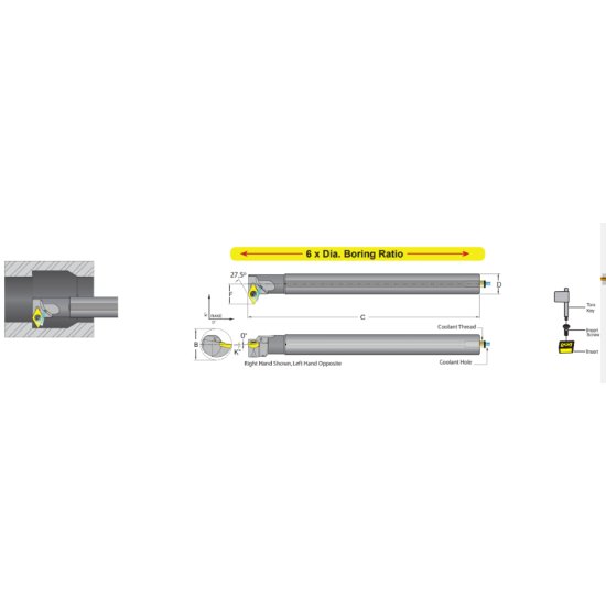 Picture of Dorian E16M-M-SDNCL-07 Boring Bar 55.0° Carbide Round With One Flat 0.629 Shank 6.250 OAL