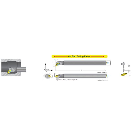 Picture of Dorian E16M-S-SDQCR-07 Boring Bar 55.0° Carbide Round With One Flat 0.629 Shank 10.00 OAL