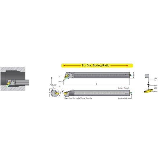 Picture of Dorian E16M-S-SVQCL-11 Boring Bar 35.0° Carbide Round With One Flat 0.629 Shank 10.50 OAL