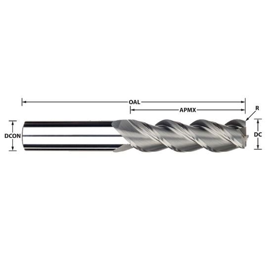 Picture of Imco 38262 Dia 3/8 SH 0.3750 LOC 1.50 OAL3.2500 End Mill Standard Flute High Helix Carbide Uncoated Single End Corner Radius0.0600 1.52mm Streaker Mill