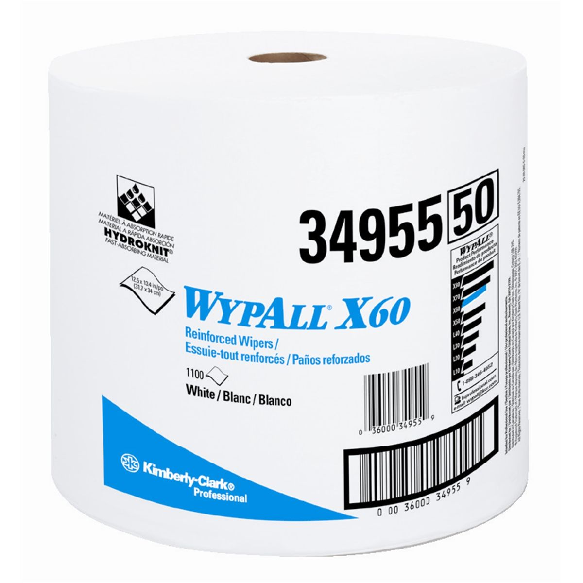 Picture of Kimberly-Clark LM55-34955 WypAll* General Purpose Wiper, Lightweight, Series: X60, 13.4 x 12.5 in Size, 1100 Sheets Capacity, White, Hydroknit*