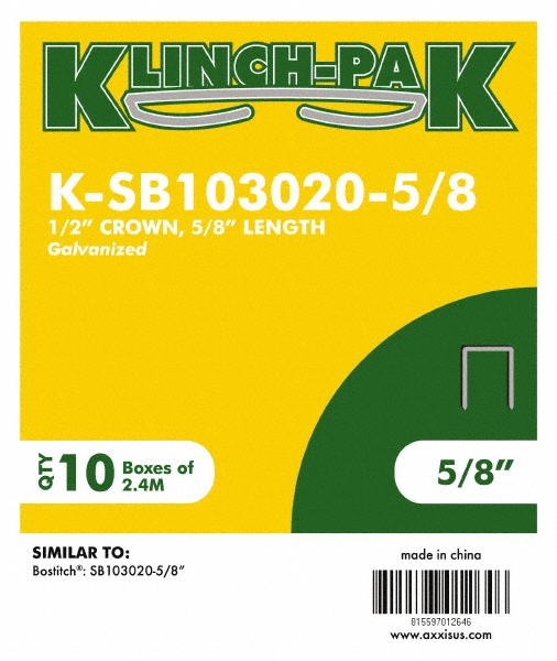 Picture of Klinch-PAK K-SB103020-5/8 Klinch-Pak Narrow Crown Construction Staple: 1/2" Wide, 5/8" Long Steel, Chisel Point, Use with KP-P50-10B-A