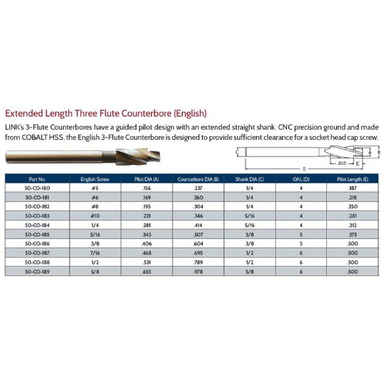 Picture of Link 50-CO-182 #8 English Extended Cobalt 3FL CounterBore