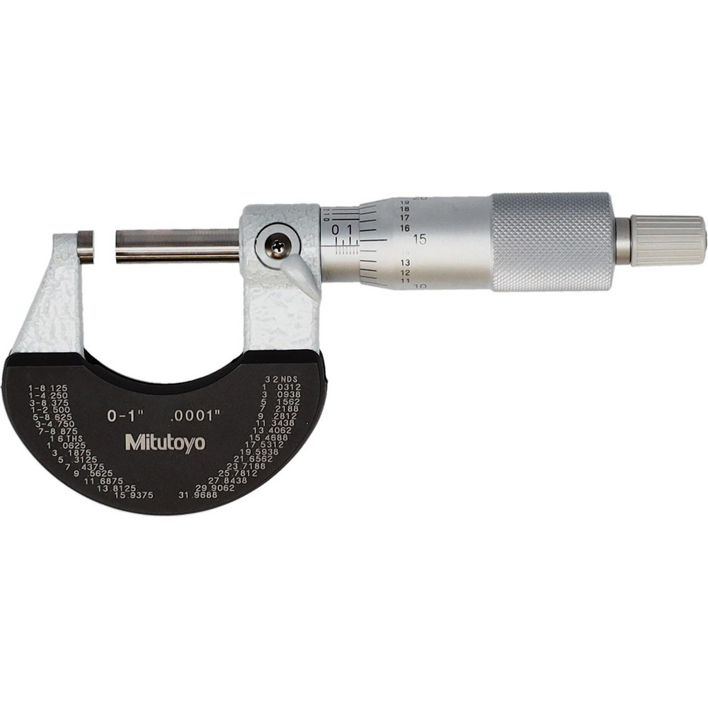 Picture of Mitutoyo 101-117 Outside Micrometer, 0-1 In, .0001 In Mechanical Outside Micrometer, Satin Chrome, Friction Thimble