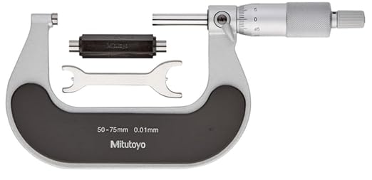 Picture of Mitutoyo 102-301 Outside Micrometer, 0-25, 0.01mm Mechanical Outside Micrometer, Satin Chrome, Ratchet Stop