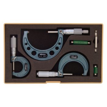 Picture of Mitutoyo 103-922 0-3 In, .0001 In Mechanical Outside Micrometer Set, Hammertone Baked Enamel, 3 Gages, With 2 Standards