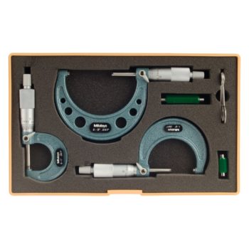 Picture of Mitutoyo 103-929 0-3 In, .001 In Mechanical Outside Micrometer Set, Hammertone Baked Enamel, 3 Gages, With 2 Standards