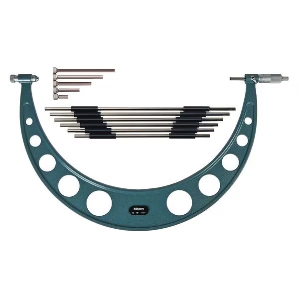 Picture of Mitutoyo 104-201 12-18 In, .001 In Interchangeable Anvil Mechanical Outside Micrometer, Ratchet Stop, 6 Anvils, With 6 Standards