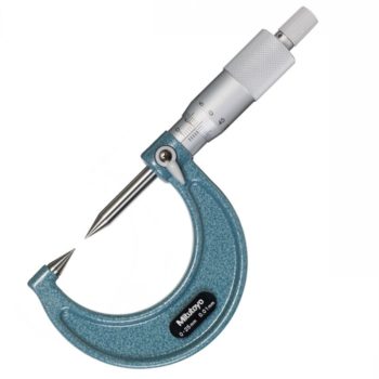 Picture of Mitutoyo 112-201 0-25mm, .01mm Mechanical Point Micrometer, 30 Degree Point, Carbide Steel Tip, Ratchet Stop