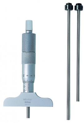 Picture of Mitutoyo 129-110 0-75mm, 0.01mm Mechanical Depth Micrometer, Interchangeable Rods, Rod Clamp, 63.5mm Base, Ratchet Stop 603908031727