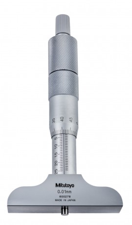 Picture of Mitutoyo 129-111 0-100mm, 0.01mm Mechanical Depth Micrometer, 4 Interchangeable Rods, Rod Clamp, 63.5mm Base, Ratchet Stop 603908031734