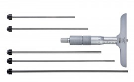 Picture of Mitutoyo 129-116 0-150mm, 0.01mm Mechanical Depth Micrometer, Interchangeable Rods, Rod Clamp, 63.5mm Base, Ratchet Stop 603908031789