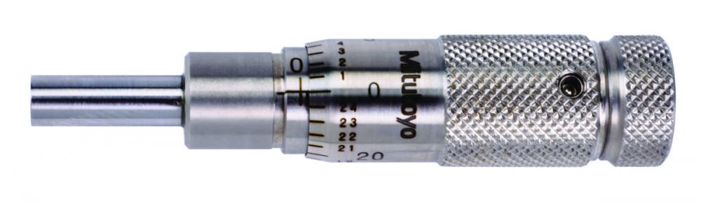 Picture of Mitutoyo 148-511 Micrometer Head, Common Type In Small Size With Zero-Adjustable Thimble, 0-.5 Inch Range, .0001 Inch Accuracy, .375 Inch Stem Diameter, Plain Stem, Flat Spindle Face, Stainless Steel Throughout