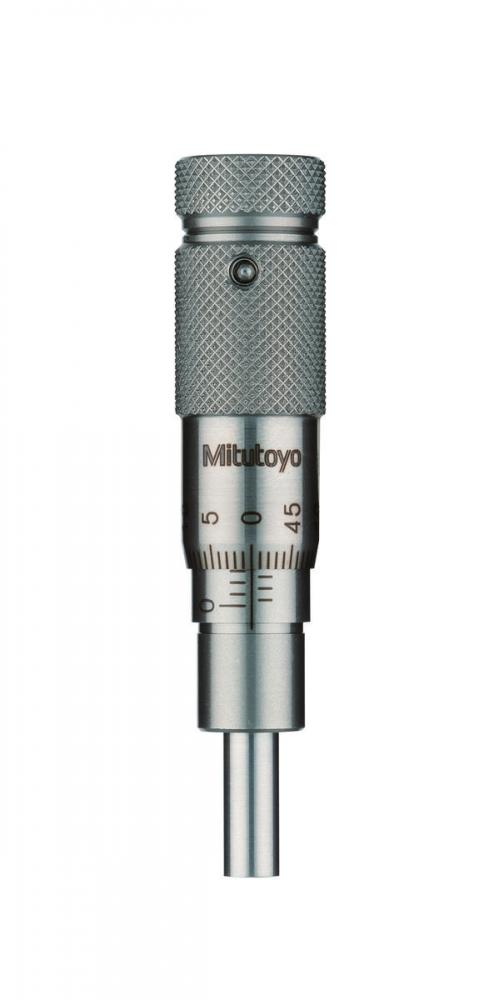 Picture of Mitutoyo 148-513 Micrometer Head, Common Type In Small Size With Zero-Adjustable Thimble, 0-13mm Range, 2Um Accuracy, 9.5mm Stem Diameter, Plain Stem, Flat Spindle Face, Stainless Steel Throughout