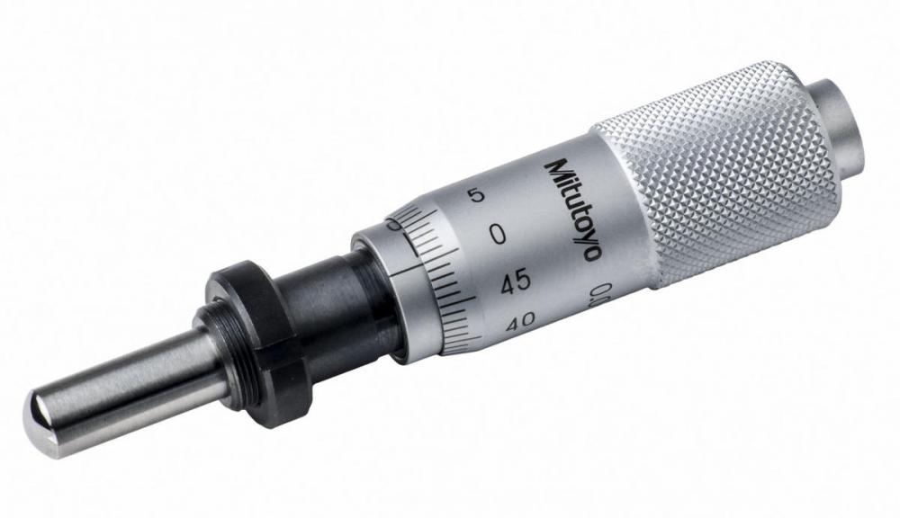 Picture of Mitutoyo 149-802 Micrometer Head, Common Type In Small Size, Carbide-Tipped Spindle, 0-15mm, 2Um Accuracy, 9.5 Stem Diameter, Clamp Nut Stem, Spherical Face