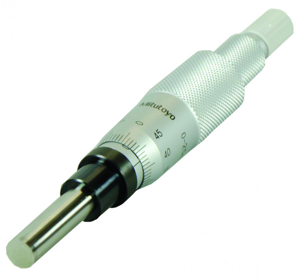 Picture of Mitutoyo 150-198 Micrometer Head, Common Type Middle Size. 0-1 Inch Range, .0001 Inch Accuracy, .375 Stem Diameter, Clamp Nut Stem, Flat (Carbide Tip) Spindle Face, Vernier