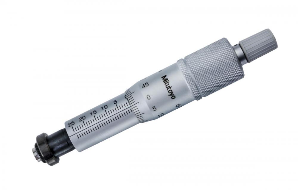 Picture of Mitutoyo 150-822 Micrometer Head, Common Type In Middle Size, 0-25mm Range, 2Um Accuracy, 10mm Stem Diameter, Clamp Nut Stem, Flat Carbide Tip Spindle Face, Reverse Reading