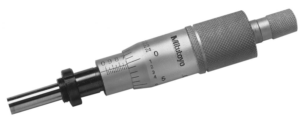 Picture of Mitutoyo 150-832 Micrometer Head, Common Type In Middle Size, 0-1 Inch Range, .0001 Inch Accuracy, .375 Inch Stem Diameter, Clamp Nut Stem, Flat Carbide Tip Spindle Face, Reverse Reading