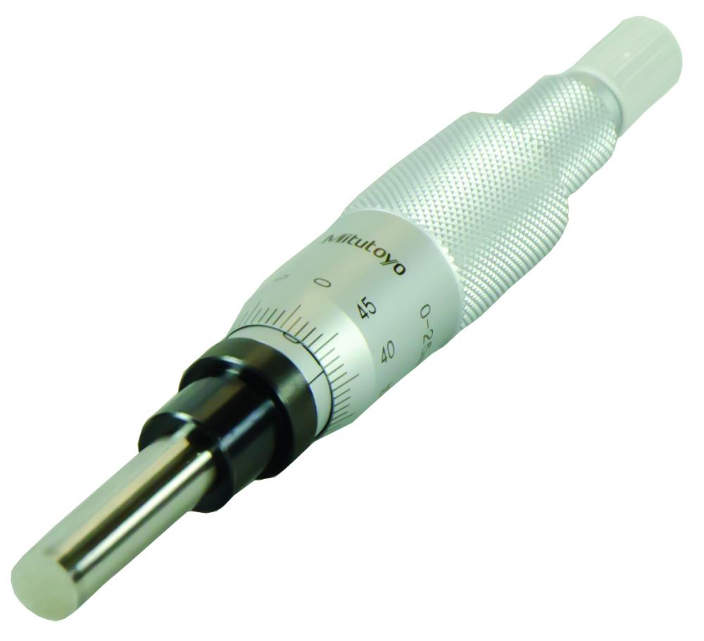 Picture of Mitutoyo 153-201 0-25mm, 0.01mm, Mechanical Micrometer Head, 12mm Diameter Plain Stem, Flat Carbide Tipped Spindle Face, Non-Rotating Spindle, Ratchet Stop