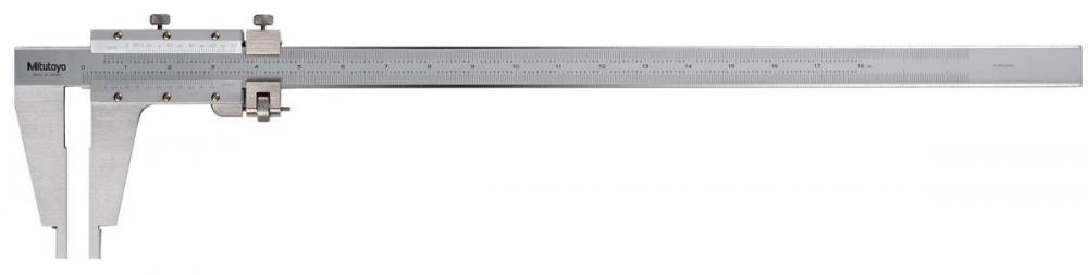Picture of Mitutoyo 160-116 Vernier Caliper, with Nib style jaws and fine Adjustment, .5-18 inches, +/-.0015 accuracy, .001 inch lower scale and upper scale Graduations, 1200 grams mass