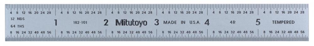Picture of Mitutoyo 182-101 6 In, 4R Steel Rule, 3/4 In Wide, Rigid, Satin Chrome Finish Tempered Stainless Steel, (1/8, 1/16, 1/32, 1/64)