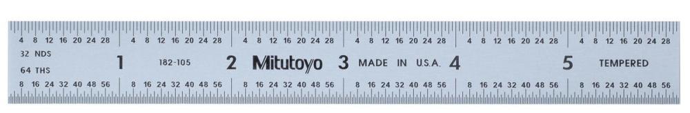 Picture of Mitutoyo 182-105 6 In, 150mm Steel Rule, 3/4 In Wide, Rigid, Satin Chrome Finish Tempered Stainless Steel, (1/32, 1/60, 1mm, 0.5mm)