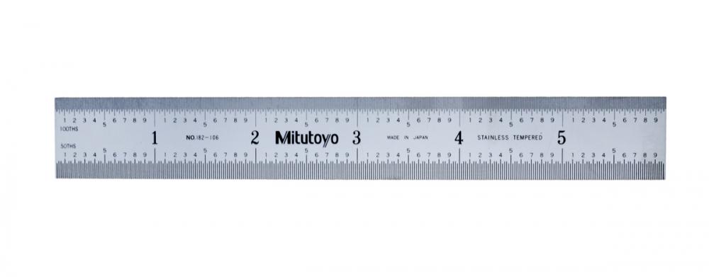 Picture of Mitutoyo 182-106 6 In, 150mm Steel Rule, 3/4 In Wide, Rigid, Satin Chrome Finish Tempered Stainless Steel, (1/50, 1/100, 1mm, 0.5mm)