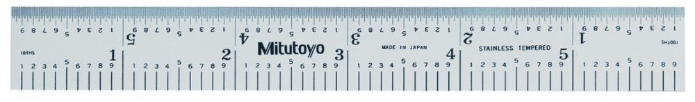 Picture of Mitutoyo 182-108 6 In, 150mm Steel Rule, 3/4 In Wide, Rigid, Satin Chrome Finish Tempered Stainless Steel, (1/10, 1/50, 1mm, 0.5mm)