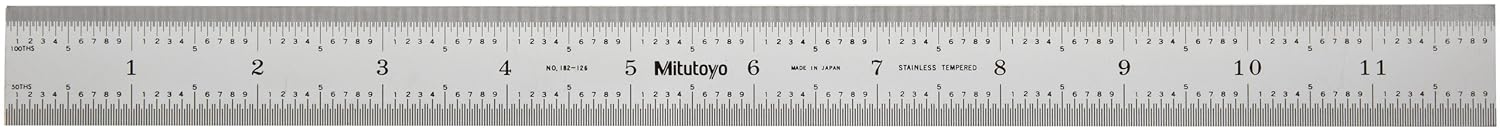 Picture of Mitutoyo 182-126 12 In, 300mm Steel Rule, 1 In Wide, Rigid, Satin Chrome Finish Tempered Stainless Steel, (1/50, 1/100, 1mm, 0.5mm)