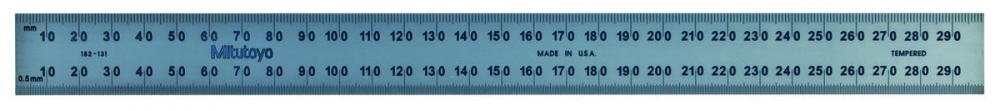 Picture of Mitutoyo 182-131 300mm Steel Rule, 25mm Wide, Rigid, Satin Chrome Finish Tempered Stainless Steel, (1mm, 0.5mm, 1mm, 0.5mm)