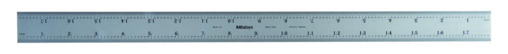 Picture of Mitutoyo 182-145 18 In, 450mm Steel Rule, 13/16 In Wide, Rigid, Satin Chrome Finish Tempered Stainless Steel, (1/32, 1/60, 1mm, 0.5mm)