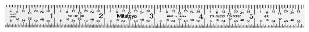 Picture of Mitutoyo 182-201 6 In, 4R Steel Rule, 1/2 In Wide, Flexible, Satin Chrome Finish Tempered Stainless Steel, (1/8, 1/16, 1/32, 1/64)