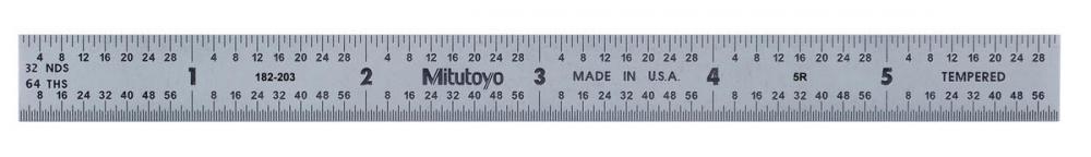 Picture of Mitutoyo 182-203 6 In, 5R Steel Rule, 1/2 In Wide, Flexible, Satin Chrome Finish Tempered Stainless Steel, (1/32, 1/60, 1/10, 1/100)