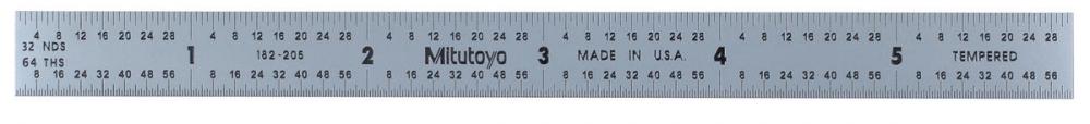 Picture of Mitutoyo 182-205 6 In, 150mm Steel Rule, 1/2 In Wide, Flexible, Satin Chrome Finish Tempered Stainless Steel, (1/32, 1/60, 1mm, 0.5mm)