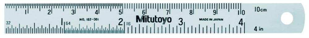 Picture of Mitutoyo 182-301 4 In, 100mm Steel Rule, 5/8 In Wide, One-Side, Semi-Flexible, Satin Chrome Finish Tempered Stainless Steel, (1/16, 1/32, 1/64, 1mm, 0.5mm)