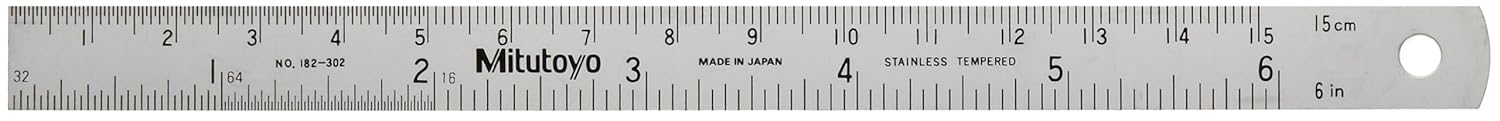 Picture of Mitutoyo 182-302 6 In, 150mm Steel Rule, 5/8 In Wide, One-Side, Semi-Flexible, Satin Chrome Finish Tempered Stainless Steel, (1/16, 1/32, 1/64, 1mm, 0.5mm)