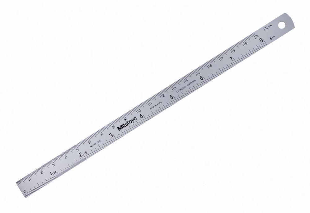 Picture of Mitutoyo 182-303 8 In, 200mm Steel Rule, 5/8 In Wide, One-Side, Semi-Flexible, Satin Chrome Finish Tempered Stainless Steel, (1/16, 1/32, 1/64, 1mm, 0.5mm)