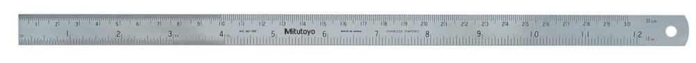 Picture of Mitutoyo 182-305 12 In, 300mm Steel Rule, 5/8 In Wide, One-Side, Semi-Flexible, Satin Chrome Finish Tempered Stainless Steel, (1/16, 1/32, 1/64, 1mm, 0.5mm)