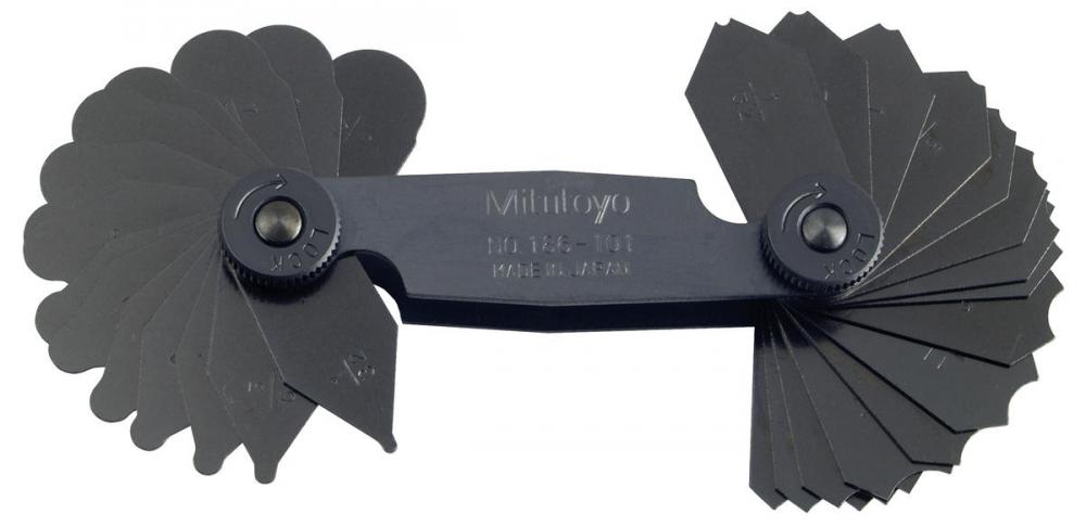 Picture of Mitutoyo 186-101 1/32-1/4 In, Concave/Convex Radius Gage Set, 15 Pairs Of Leaves (1/32 In To 1/4 In By 64Ths), Locking Clamp