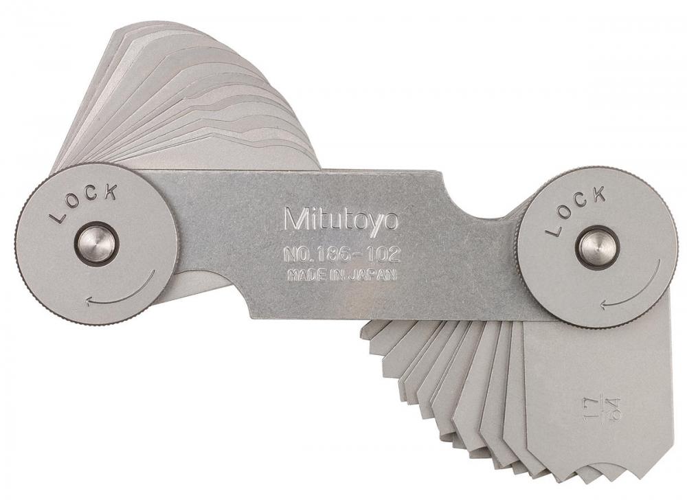 Picture of Mitutoyo 186-102 17/64-1/2 In, Concave/Convex Radius Gage Set, 16 Pairs Of Leaves (17/64 In To 1/2 In By 64Ths), Locking Clamp