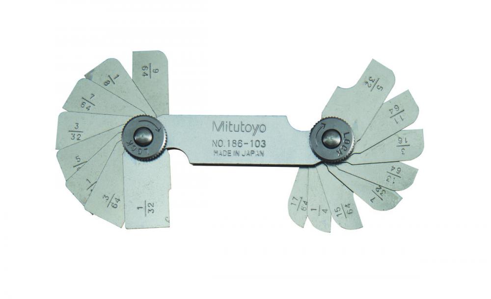 Picture of Mitutoyo 186-103 1/32-17/64 In, Concave/Convex Radius Gage Set, 16 Pairs Of Leaves (1/32 In To 17/64 In By 64Ths), Locking Clamp