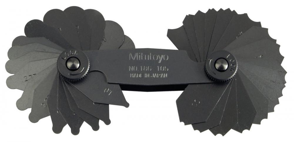 Picture of Mitutoyo 186-105 1-7mm, Concave/Convex Radius Gage Set, 34 Pairs Of Leaves (1mm To 3mm By 0.25mm, 3.5mm To 7mm By 0.5mm), Locking Clamp