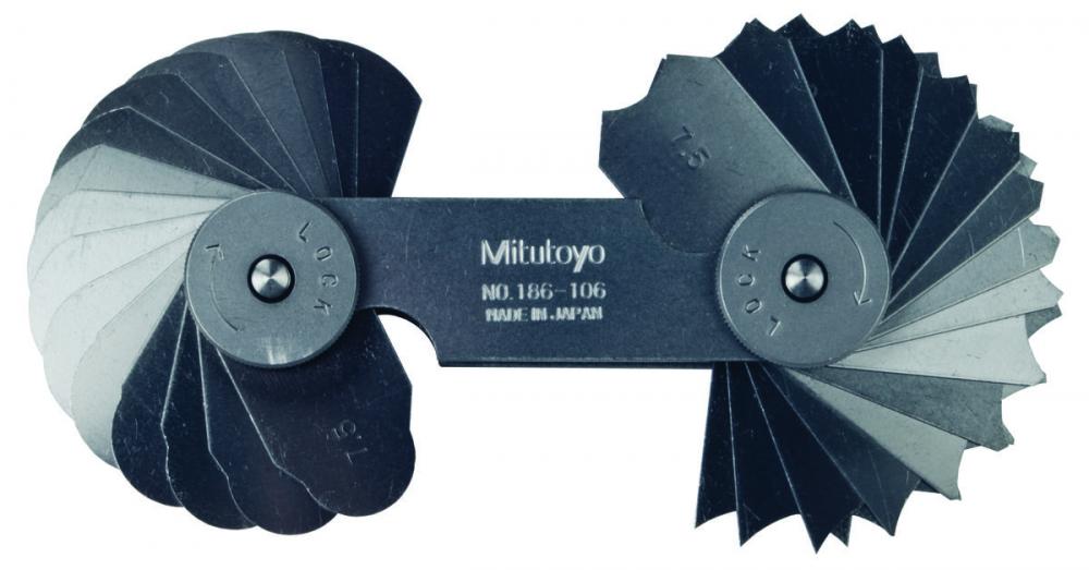Picture of Mitutoyo 186-106 7.5-15mm, Concave/Convex Radius Gage Set, 32 Pairs Of Leaves ( 7.5 To 15mm By 0.5mm), Locking Clamp