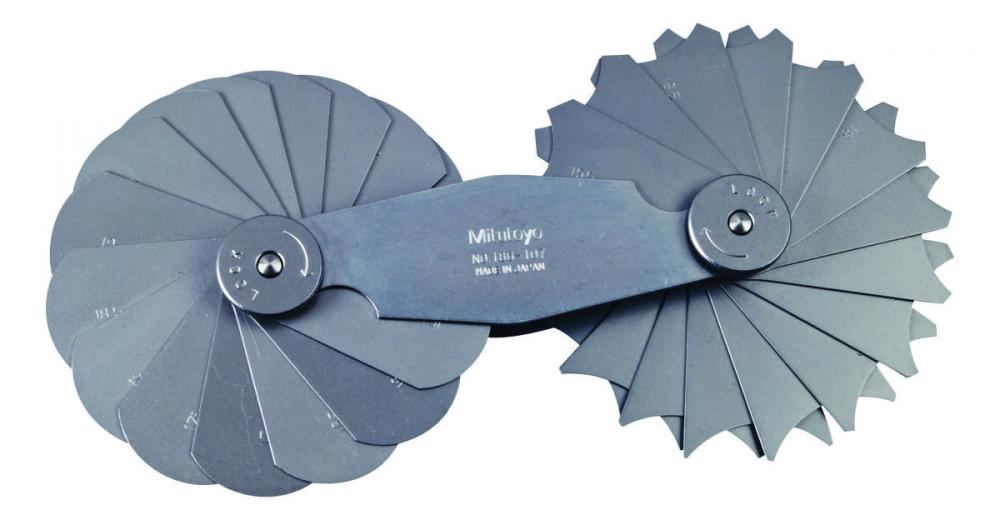 Picture of Mitutoyo 186-107 15.5-25mm, Concave/Convex Radius Gage Set, 15 Pairs Of Leaves (15.5 To 20mm By 0.5mm, 21 To 25mm By 1mm), Locking Clamp