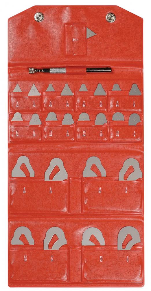 Picture of Mitutoyo 186-901 1/64-1/2 In, Concave/Convex Radius Gage Set, 25 Leaves (1/64 In To 17/64 In By 64Ths, 9/32 In To 1/2 In By 32Nds), With Holder