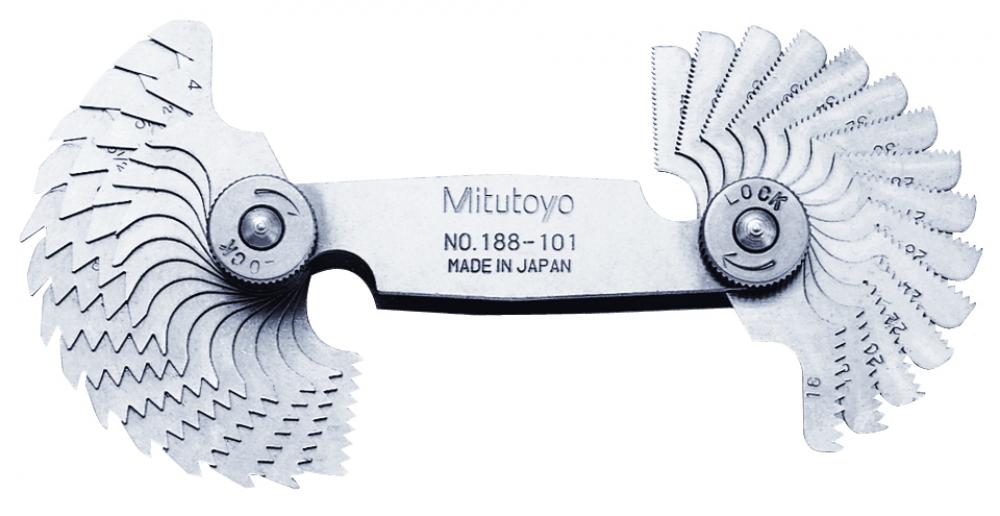 Picture of Mitutoyo 188-101 4-42 Tpi, 55 Degrees, Screw Pitch Gage Set, 30 Leaves (4, 4.5, 5, 5.5, 6-11, 11.5, 12-16, 18, 20, 22, 24, 26, 27, 28, 30, 32, 34,
36, 38, 40, 42 Tpi)