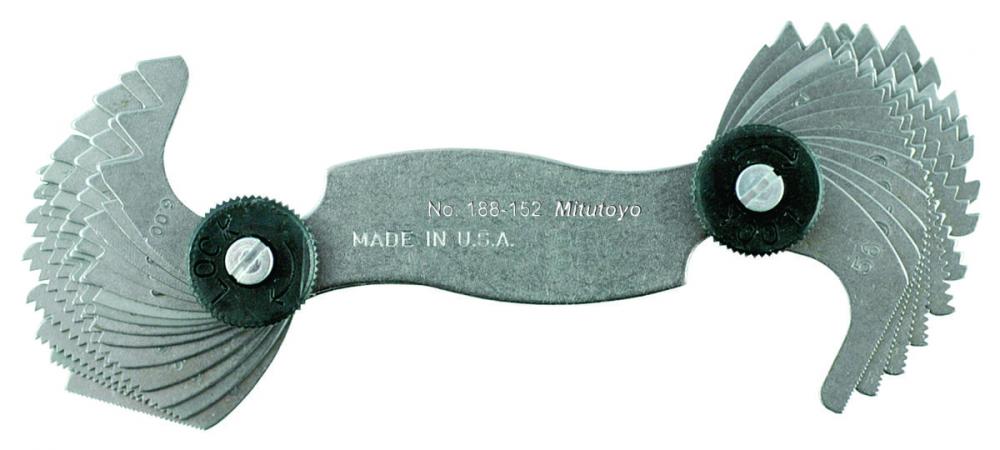 Picture of Mitutoyo 188-152 4-56 Tpi/0.5-6mm, 60 Degrees, Screw Pitch Gage Set, 28 Leaves (4, 6, 8, 10, 11, 11.5 12, 13, 16, 20, 28, 32, 40, 56 Tpi) ( 0.5, 0.75, 1, 1.23, 1.5, 1.75, 2-5 By 0.5, 6mm)