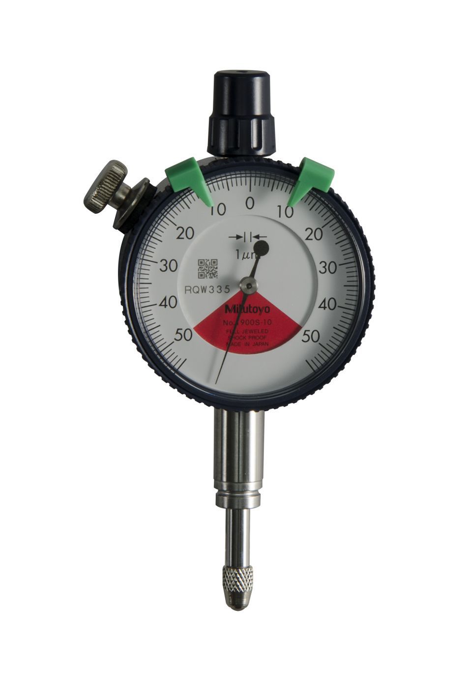 Picture of Mitutoyo 1900Sb-10 0.001mm, 0.1mm/0.14mm Dial Indicator, 50-0-50, Flat Back, 3/8 In Stem, Series 1, Compact One Rev, Shockproof, Jeweled